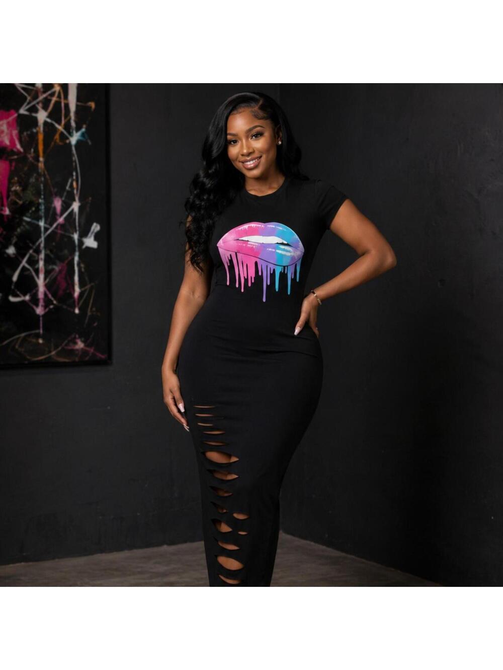 Black Distressed Graphic Dress